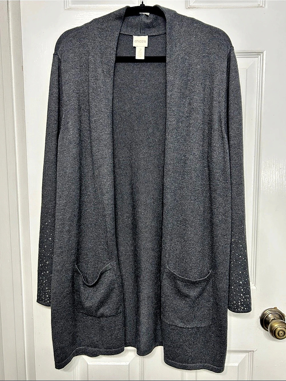 Chico's Charcoal Gray Rhinestone Cuff Open Front Cardigan Sweater Size 2 Large